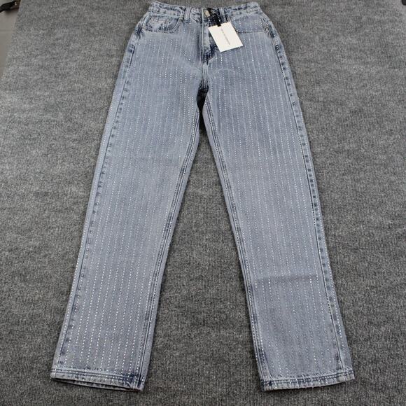 Maniere De Voir Jeans 4 Rhinestone High Rise Straight Leg Blue Denim Sexy - Picture 4 of 16